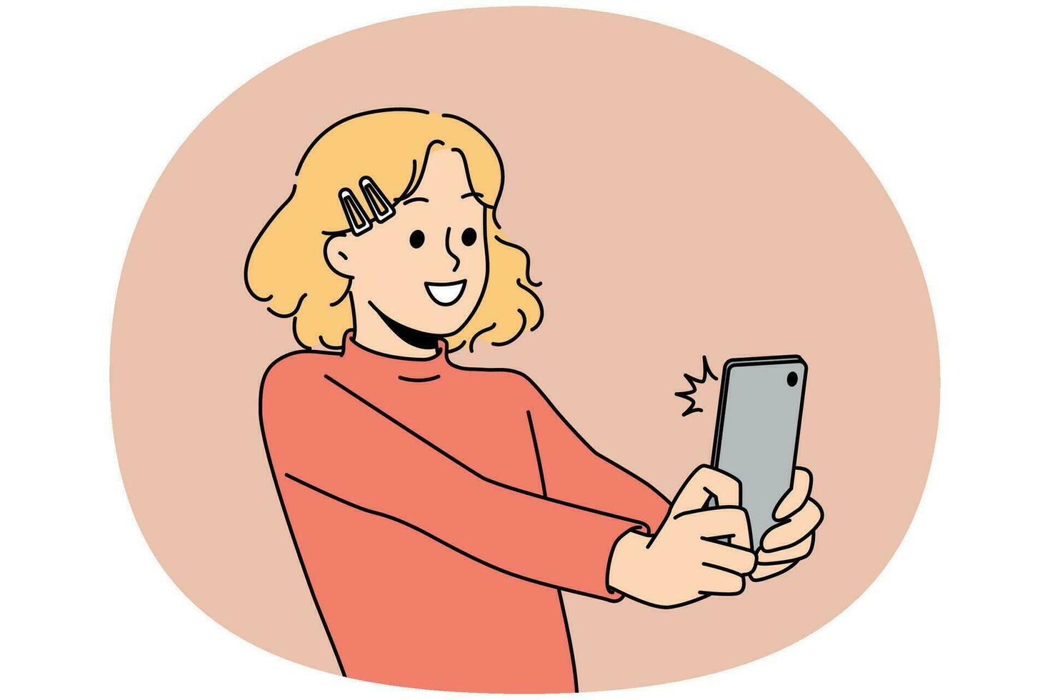 sorridente menina faço selfie em celular vetor