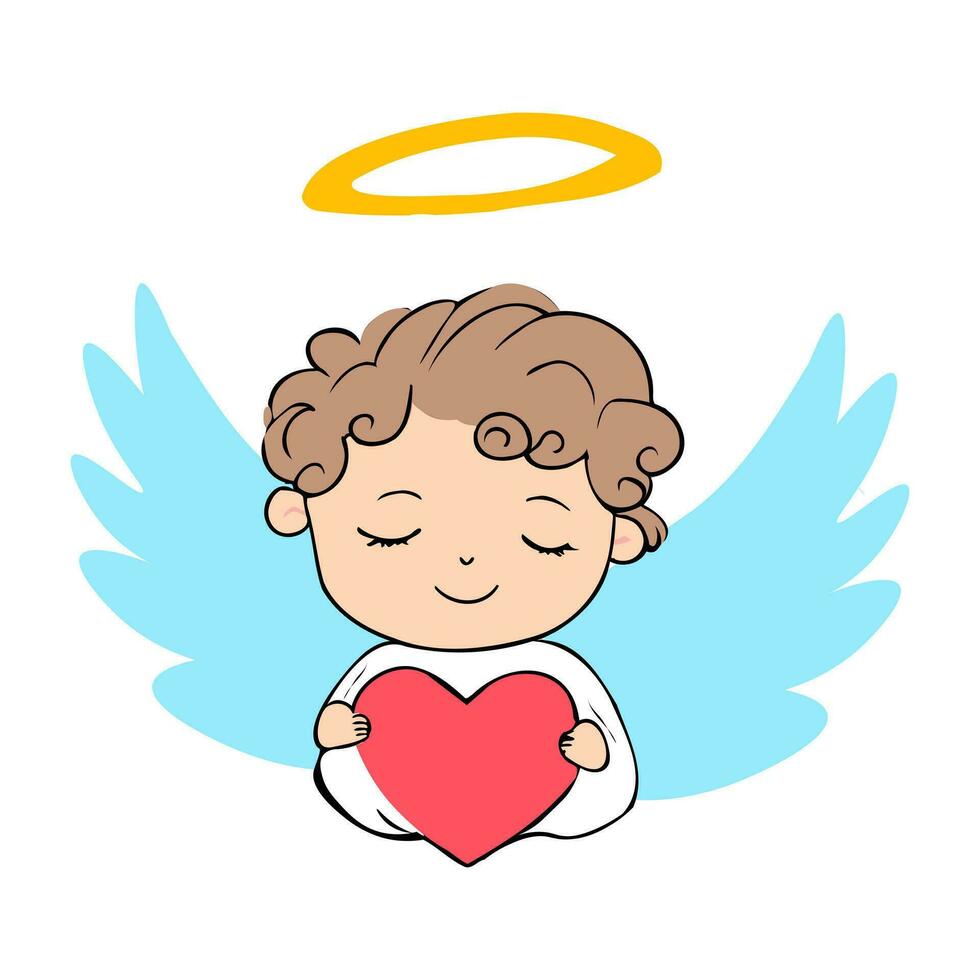 fofa desenho animado anjo com coração. vetor ilustração em branco fundo.