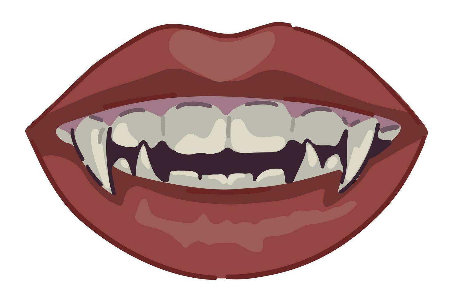 vampiro boca, aberto lábios, grandes dentes. lindo fêmea lábios e afiado presas. dia das Bruxas vetor ilustração dentro desenho animado estilo. Sombrio tema clipart isolado em branco.