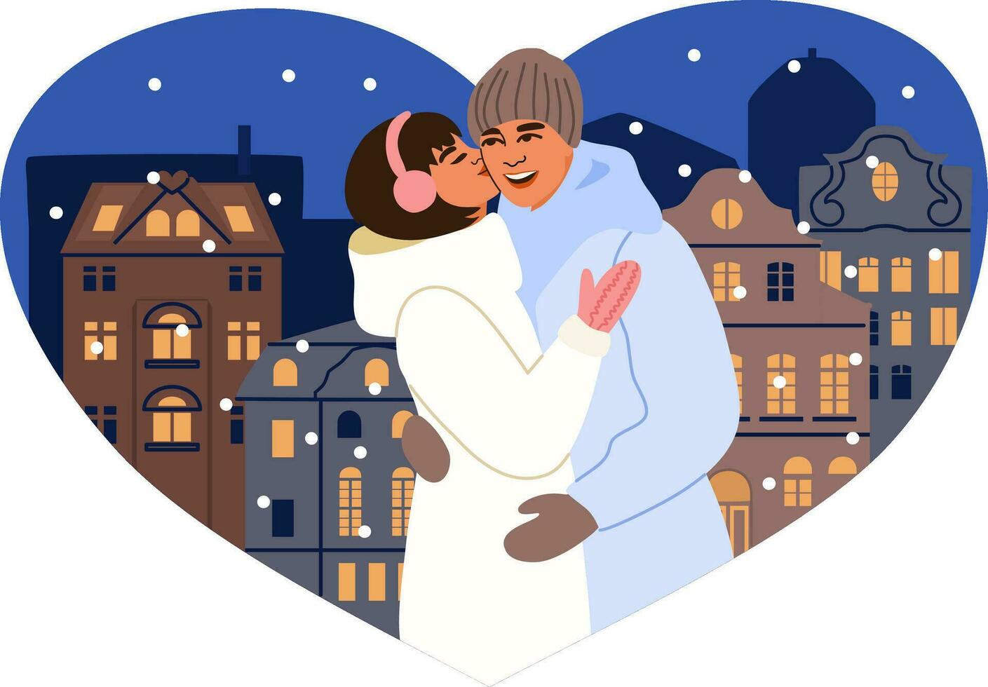 feliz casal abraçando e se beijando. a jovem homens e dele namorada estão tendo uma romântico encontro dentro inverno cidade noite. vetor