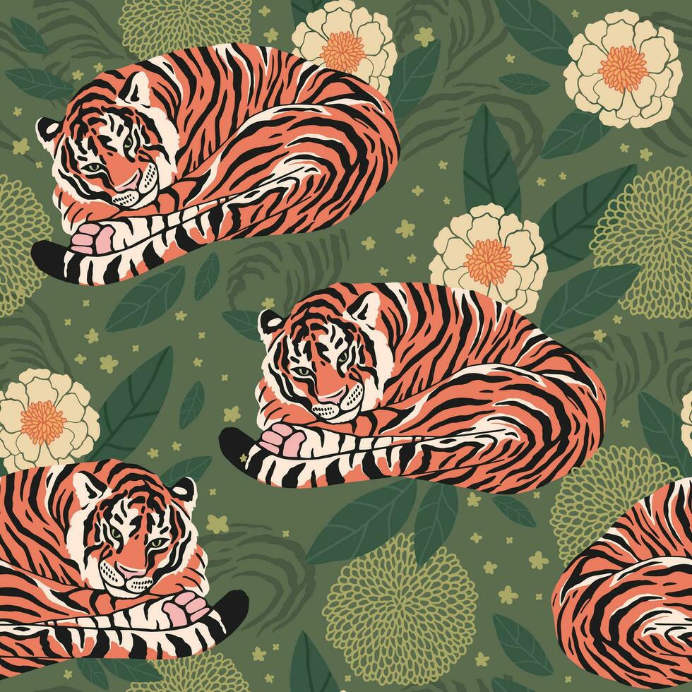 gráfico brilhante desatado padronizar do tigres, Palma folhas, e flores lindo ilustração dentro na moda cores. vetor