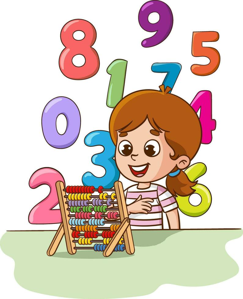 Garoto com ábaco e números. vetor ilustração do uma criança Aprendendo matemática.