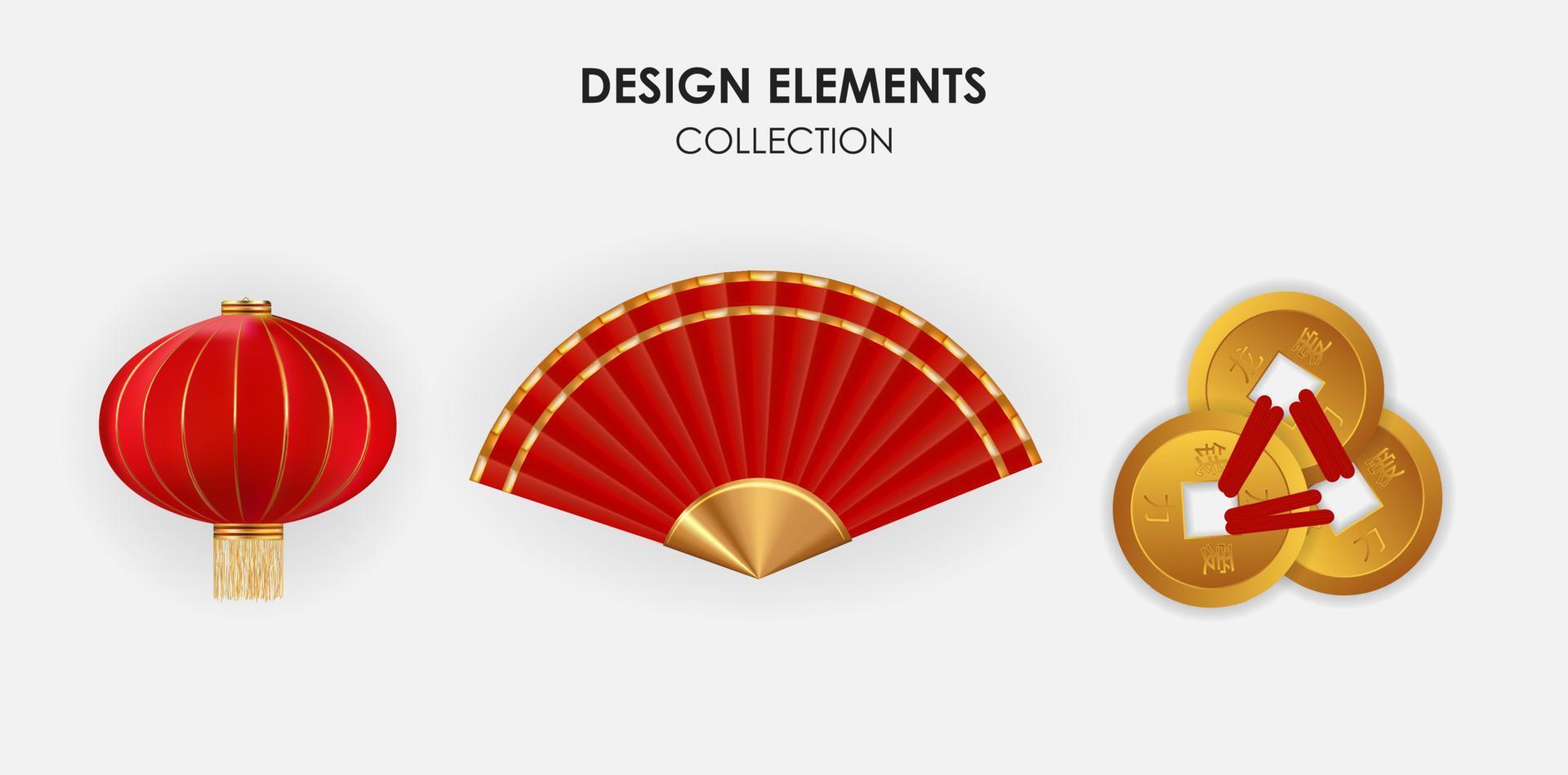 elementos de design de férias chineses 3d realistas pendurando lanternas e conjunto de coleta de moedas de ouro. ilustração vetorial eps10 vetor