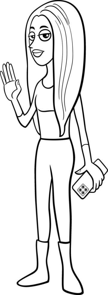 desenho animado jovem mulher personagem com inteligente telefone coloração página vetor