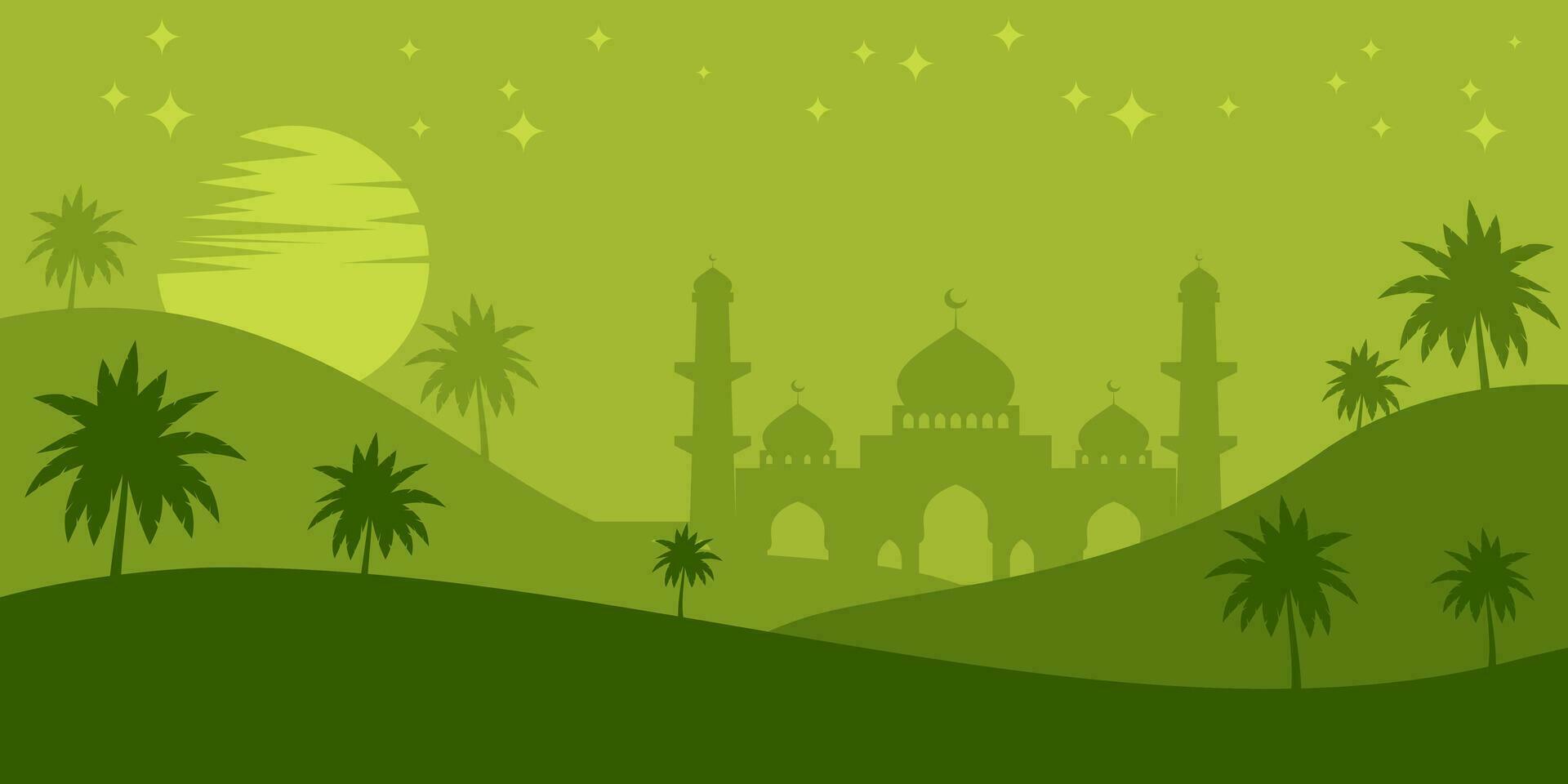 islâmico verde fundo com silhuetas do montanhas, mesquitas, coco árvores, lua e estrelas. vetor modelo para bandeira, cumprimento cartão, social meios de comunicação, poster para islâmico feriados