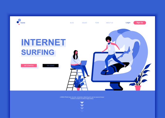 Conceito de modelo de design moderno web página plana de surf na Internet vetor