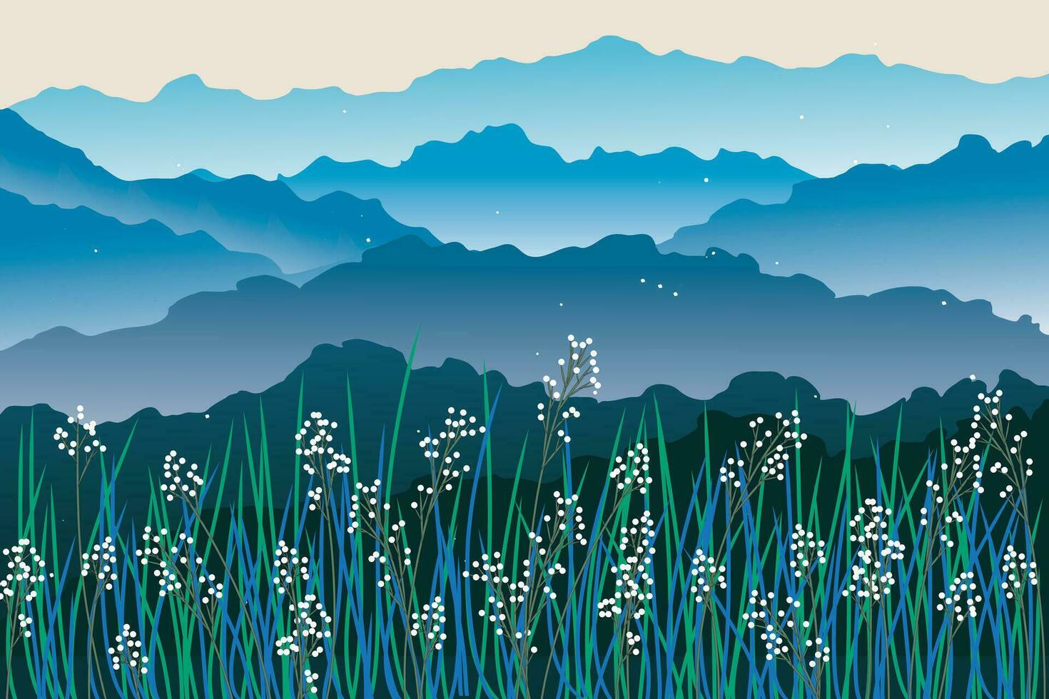 ilustração do flor Relva com gradiente montanha fundo. vetor
