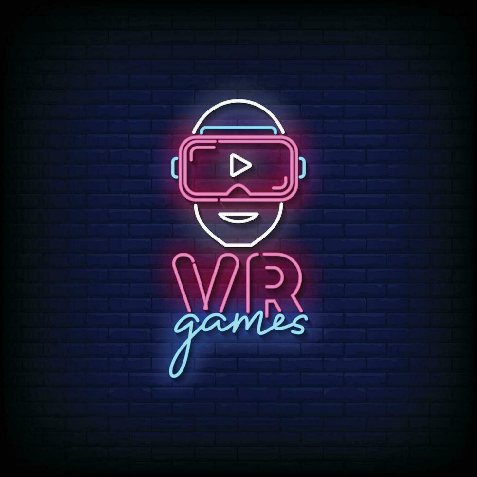 néon placa vr jogos com tijolo parede fundo vetor