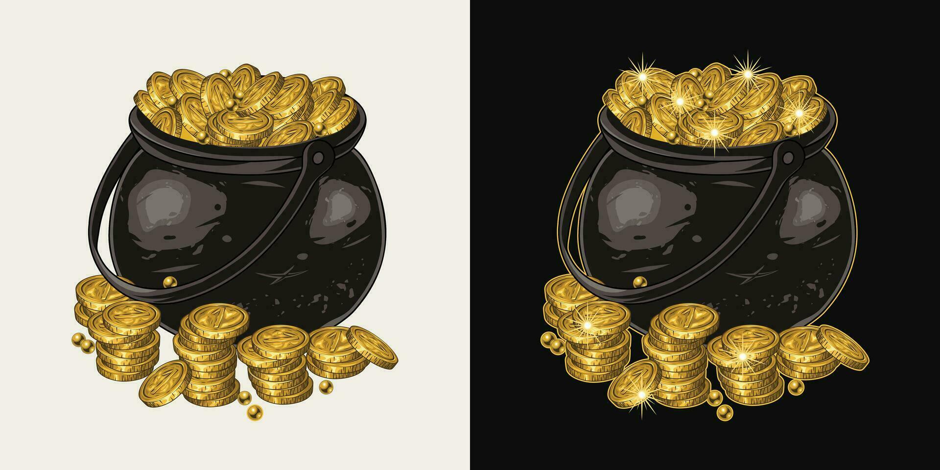 fundida ferro Panela cheio do ouro moedas, lingotes, tesouros dentro vintage estilo. detalhado vetor ilustração para santo patricks dia decoração. não ai