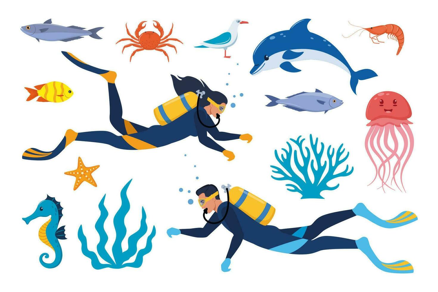 mergulho e embaixo da agua mundo, conjunto do elementos. mergulhador com Aqualung oxigênio cilindros marinho vida elementos. estrela do Mar, polvo, medusa, corais, algas. vetor ilustração.