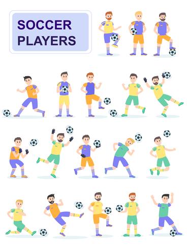 Conjunto de jogadores de bola de futebol com poses diferentes vetor