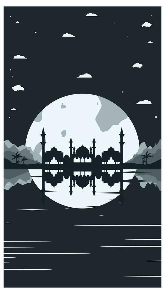 mesquita silhueta com montanhas e cheio lua dentro a fundo vetor