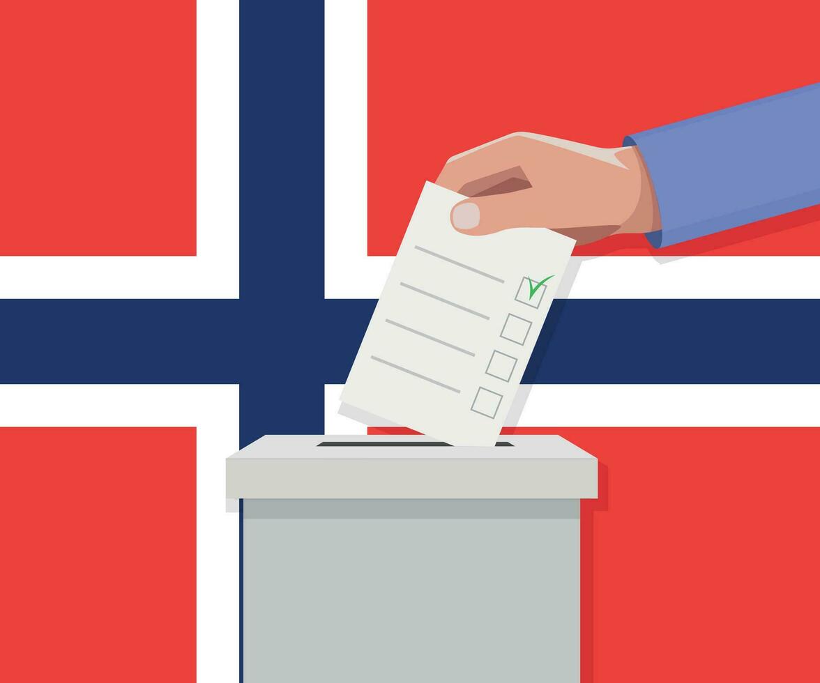 Noruega eleição conceito. mão coloca voto boletim vetor