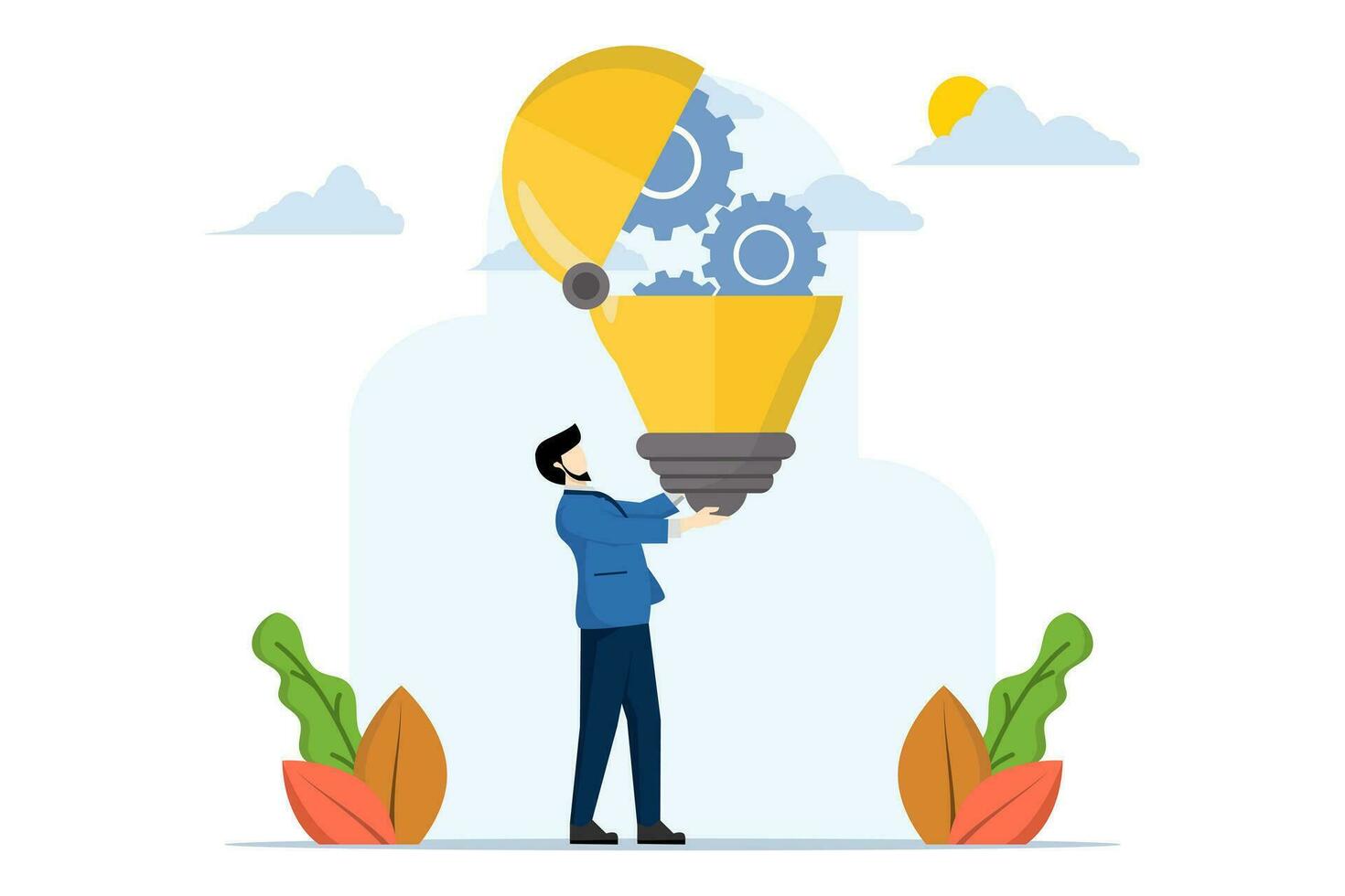 inteligente empreendedores com Inovativa luz lâmpadas e rodas dentro para crio soluções para resolver o negócio problemas. inovação Ideias, criatividade ou imaginação para o negócio sucesso. vetor ilustração.