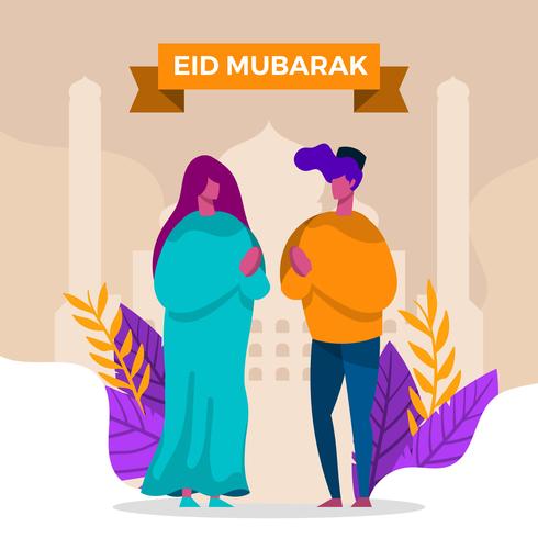 Flat Modern Family Celebrate Ilustração em vetor de Eid Mubarak