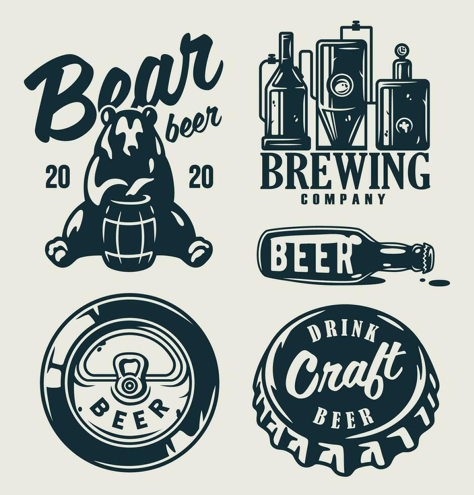 conjunto do emblemas com Cerveja barril, pulo e caneca vetor