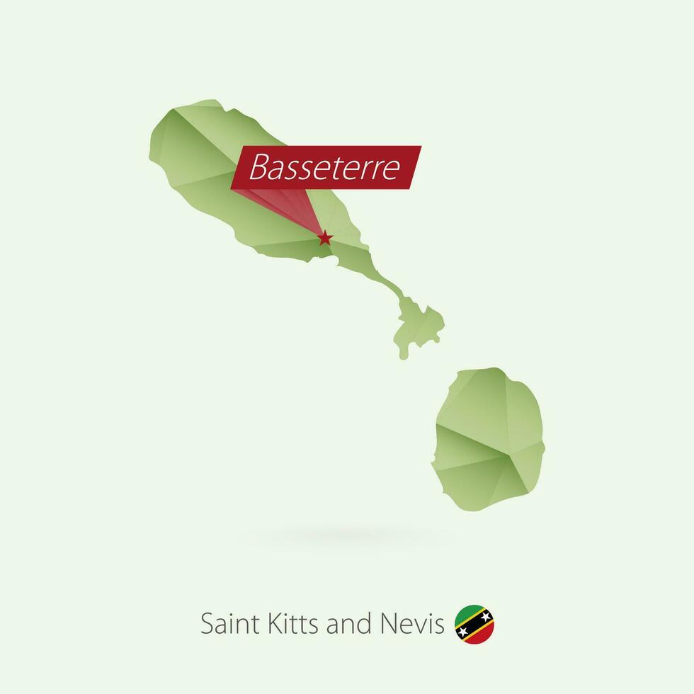 verde gradiente baixo poli mapa do santo kitts e nevis com capital Basseterre vetor