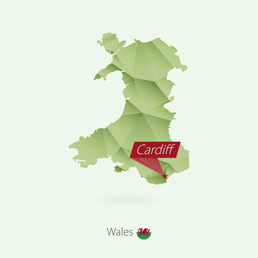verde gradiente baixo poli mapa do país de gales com capital Cardiff vetor