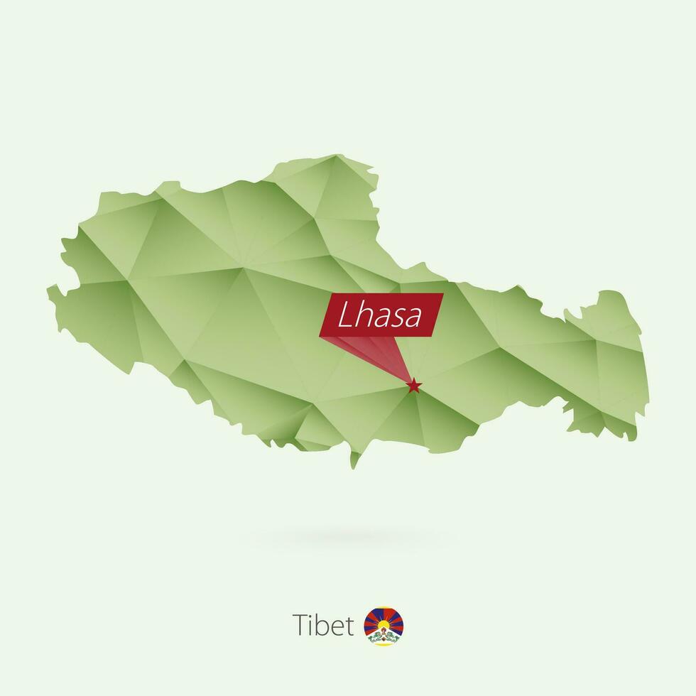 verde gradiente baixo poli mapa do tibete com capital lhasa vetor