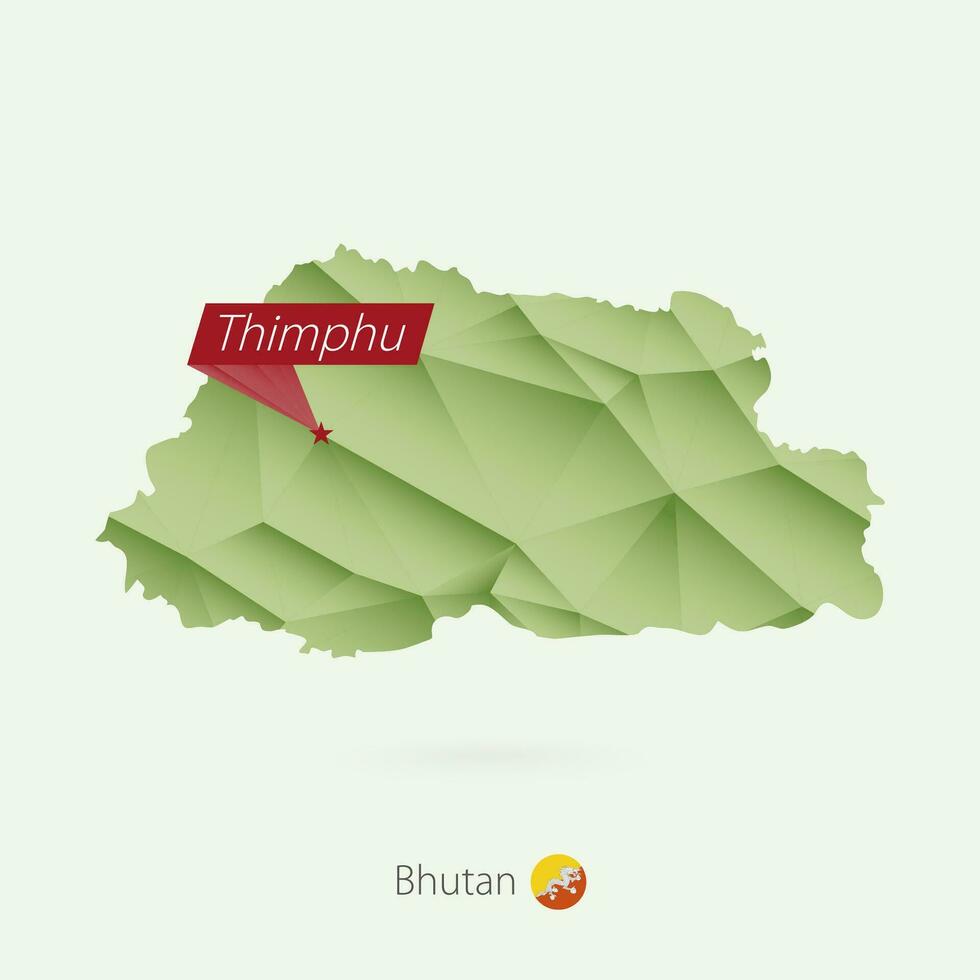 verde gradiente baixo poli mapa do Butão com capital Thimphu vetor