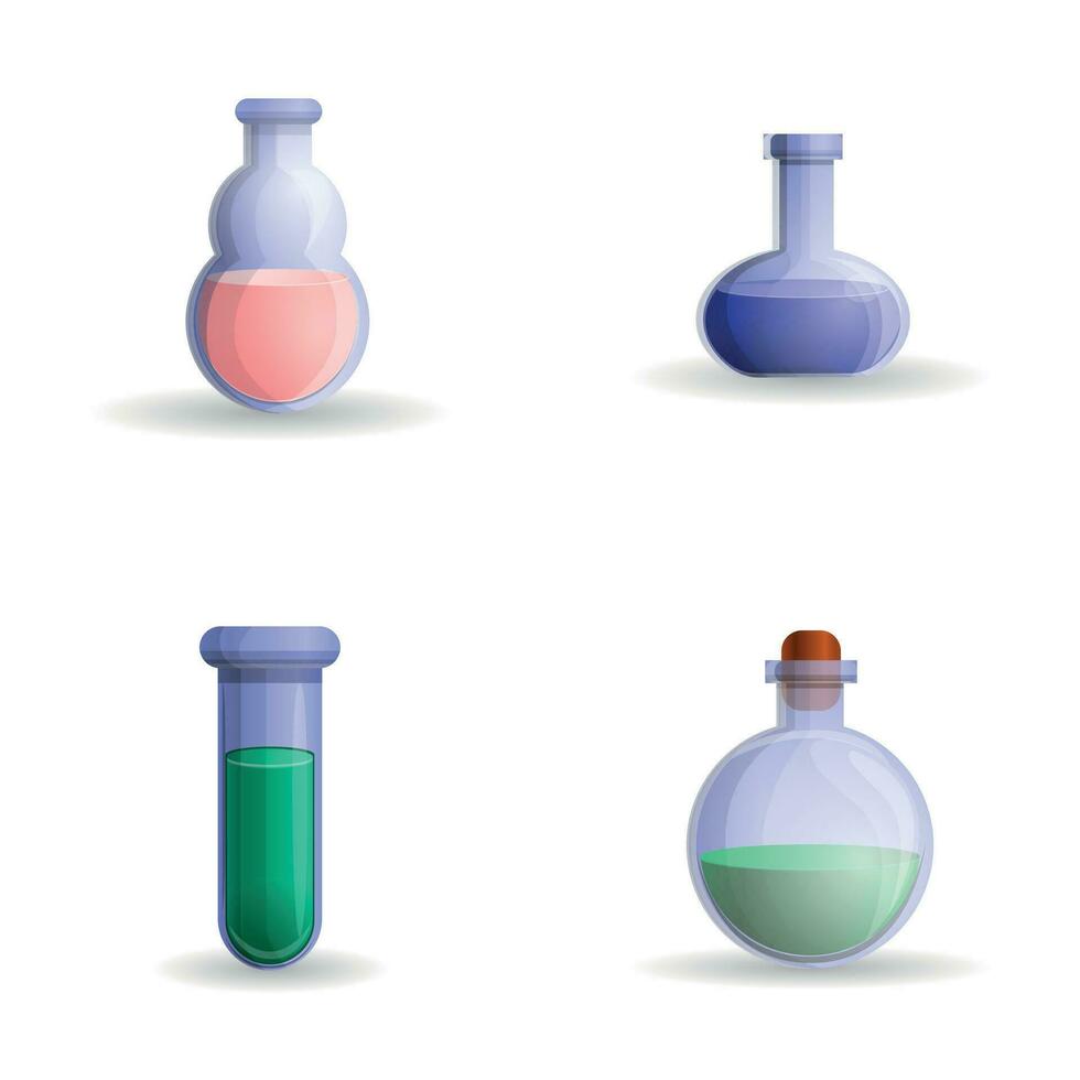laboratório equipamento ícones conjunto desenho animado vetor. laboratório artigos de vidro vetor
