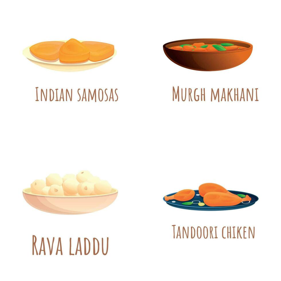 indiano cozinha ícones conjunto desenho animado vetor. tradicional indiano refeição vetor