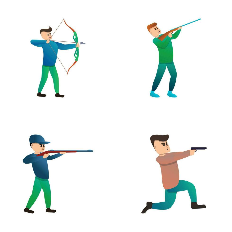 atirador ícones conjunto desenho animado vetor. adulto homem durante tiroteio vetor