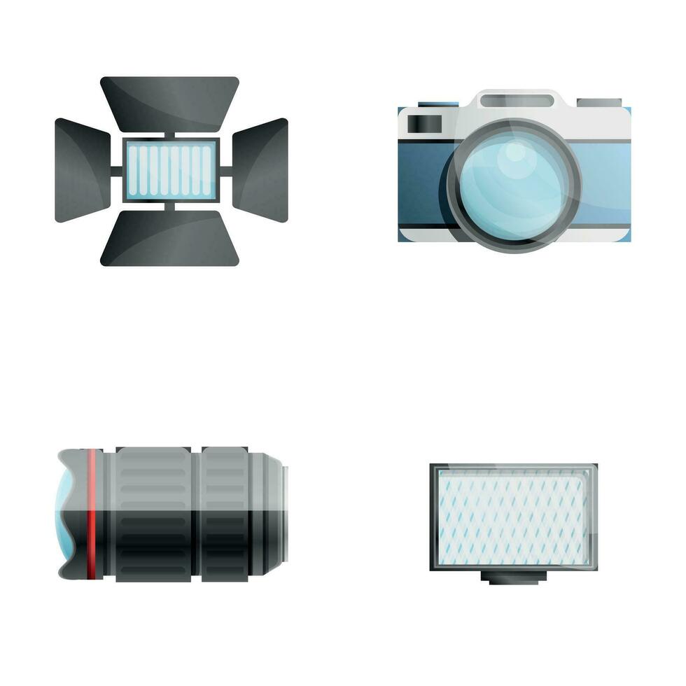 foto equipamento ícones conjunto desenho animado vetor. digital foto Câmera e estúdio luz vetor