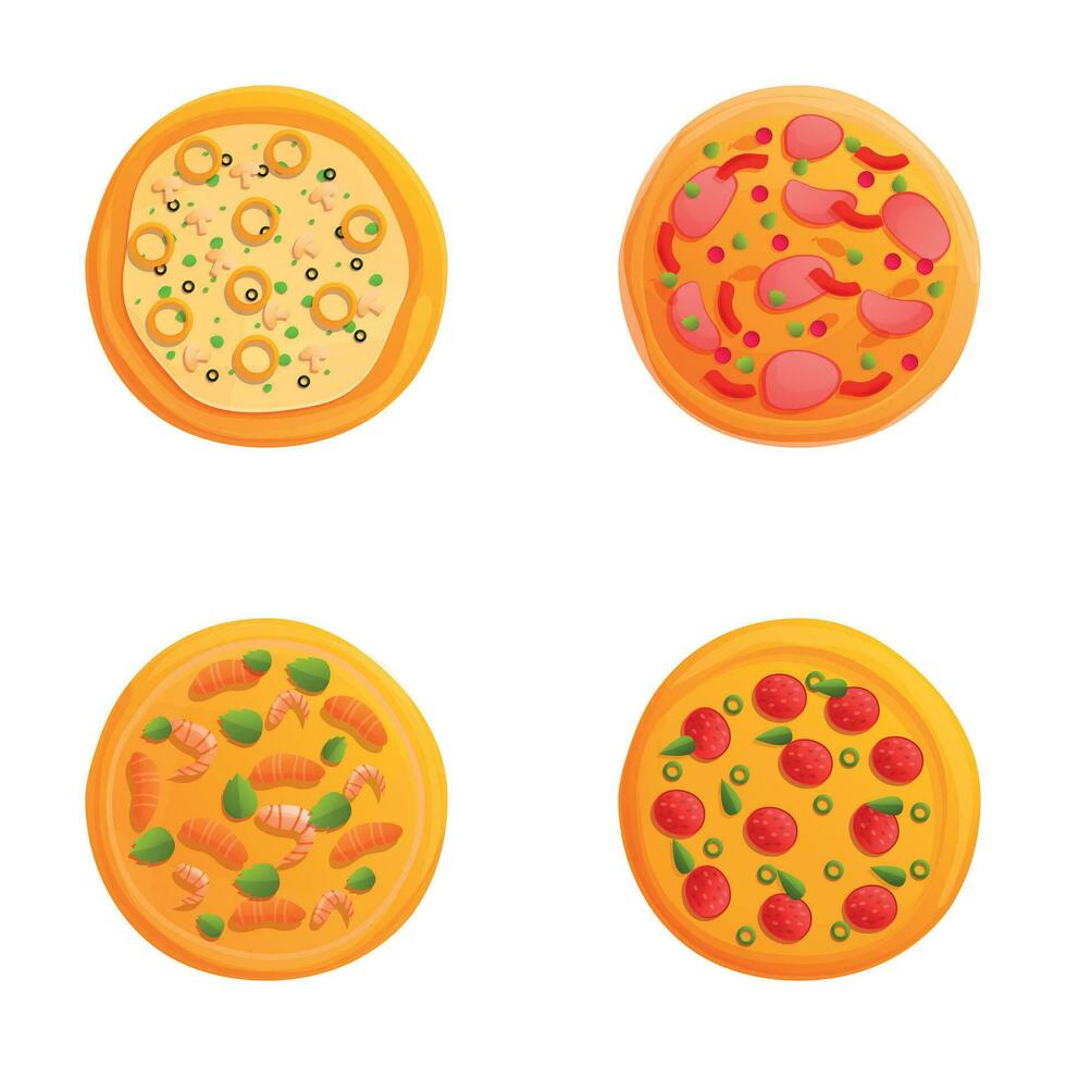 fresco pizza ícones conjunto desenho animado vetor. tradicional italiano velozes Comida vetor