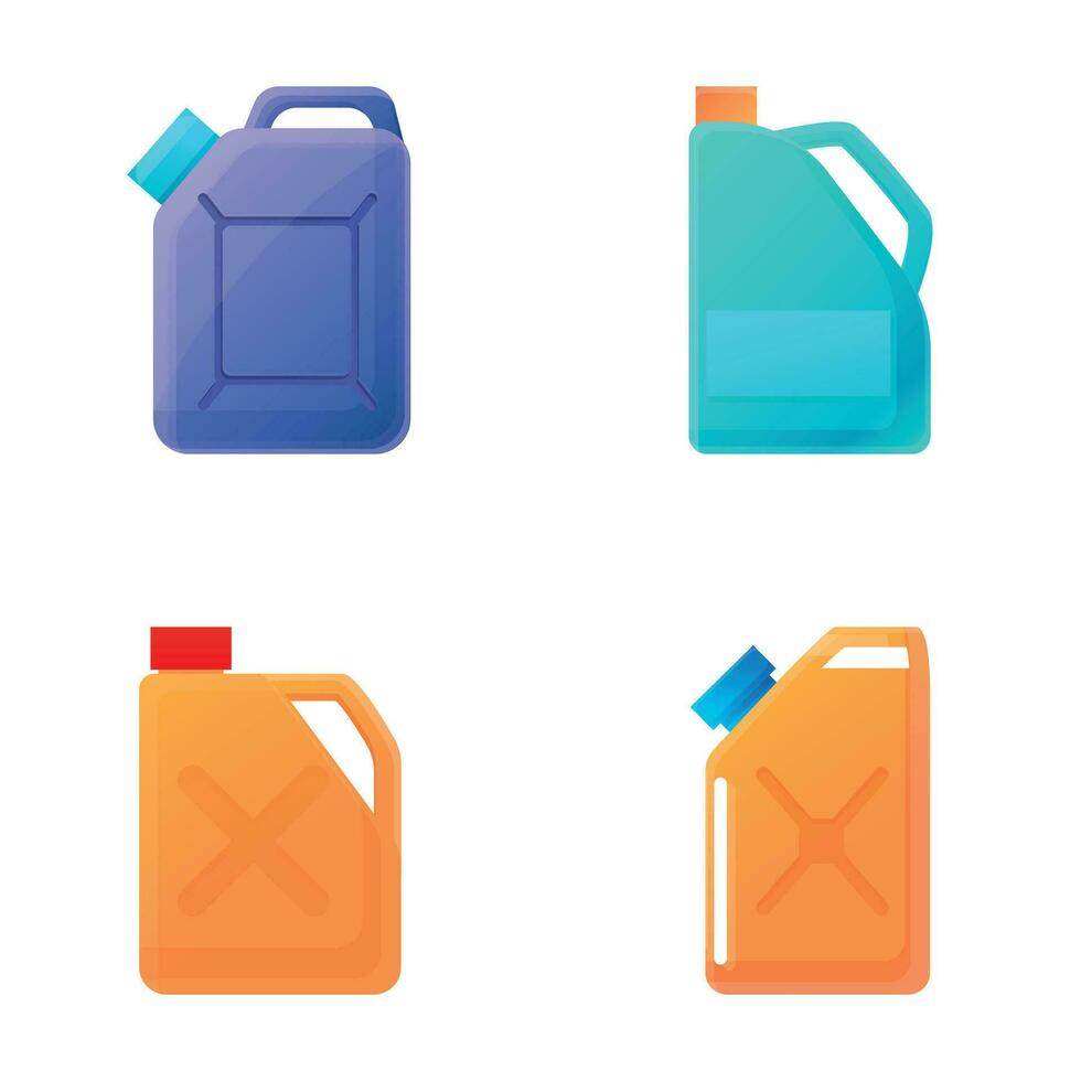 Gasolina vasilha ícones conjunto desenho animado vetor. vasilha do motor óleo ou petróleo vetor