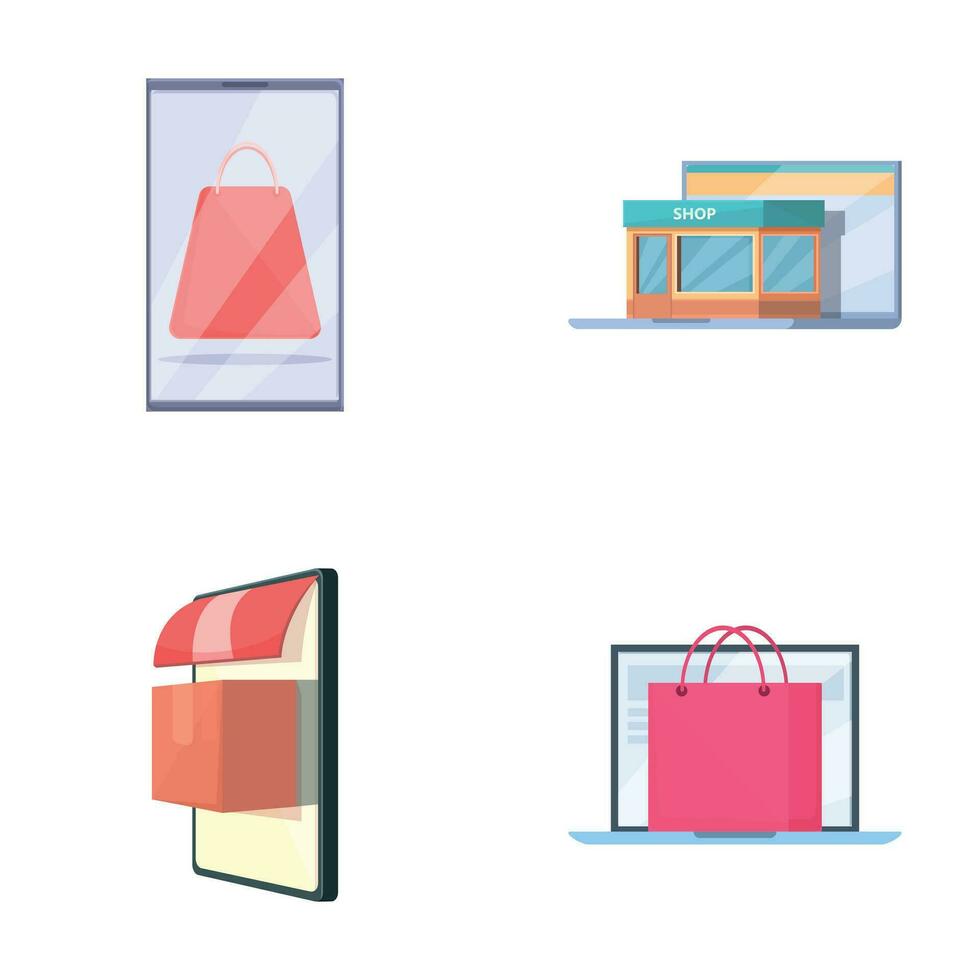 conectados compras ícones conjunto desenho animado vetor. conectados loja em local na rede Internet ou Móvel aplicativo vetor
