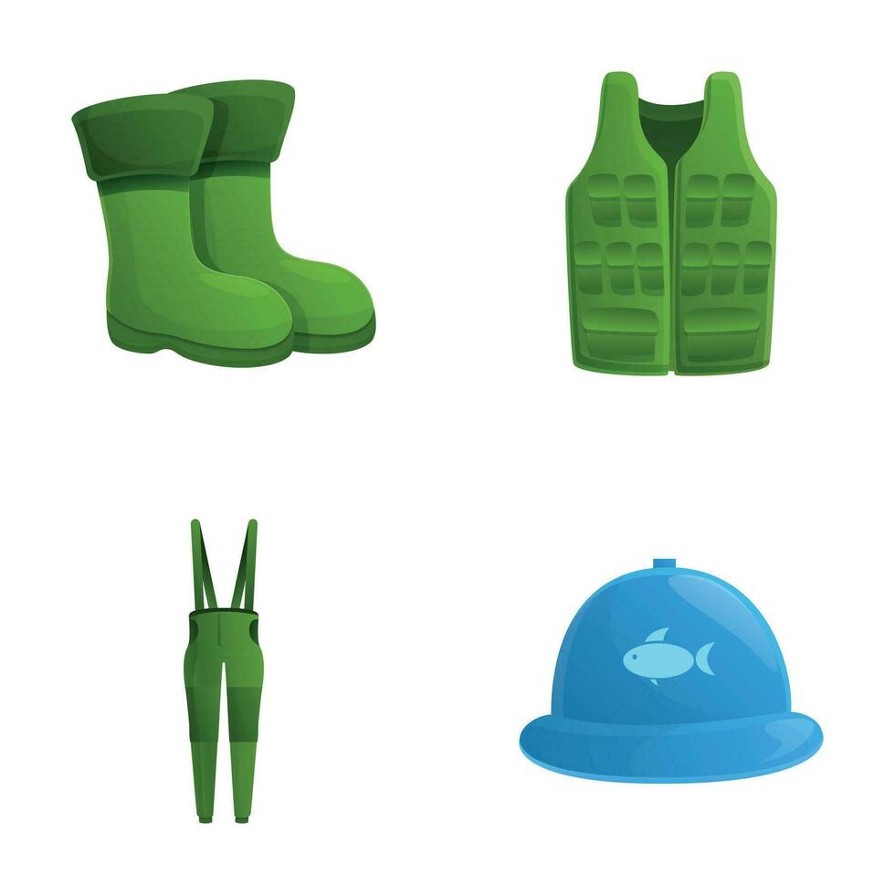 pescador roupas ícones conjunto desenho animado vetor. vários item do pescador roupas vetor