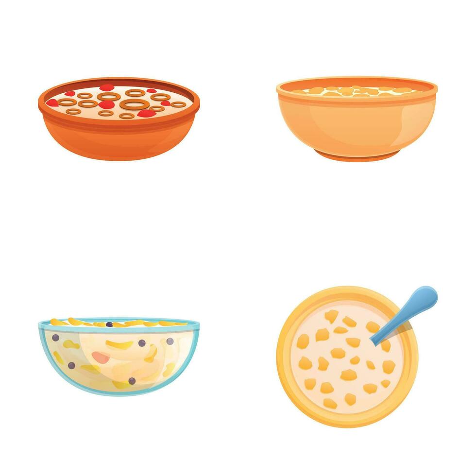 café da manhã cereal ícones conjunto desenho animado vetor. cereal flocos com leite e fruta vetor