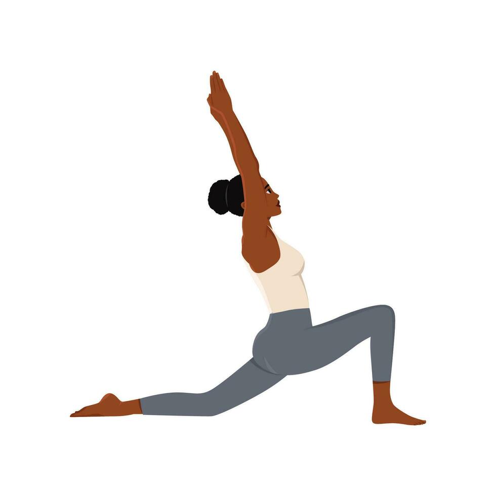 mulher fazendo anjaneyasana pose. iogue fêmea praticando jovem lua posição, Treinamento dentro baixo estocada postura. plano vetor ilustração isolado em branco fundo