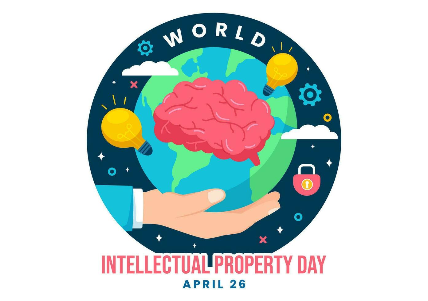 mundo intelectual propriedade dia vetor ilustração em 26 abril com cérebro e luz lâmpada para inovação e Ideias criatividade conceito fundo