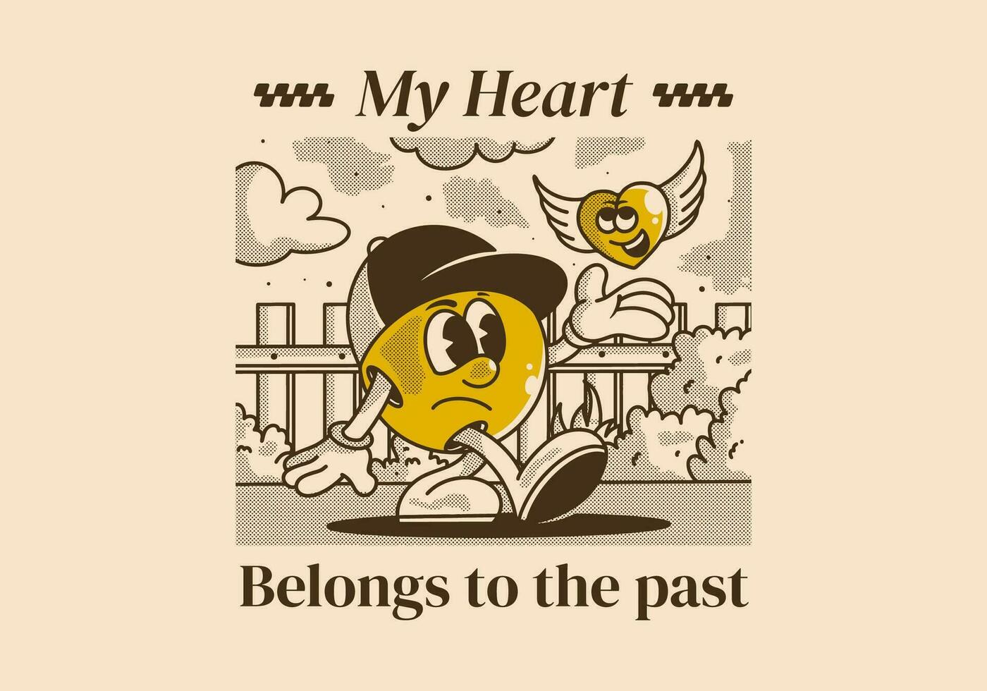 meu coração pertencer para a passado. personagem ilustração do uma bola cabeça e vôo coração vetor