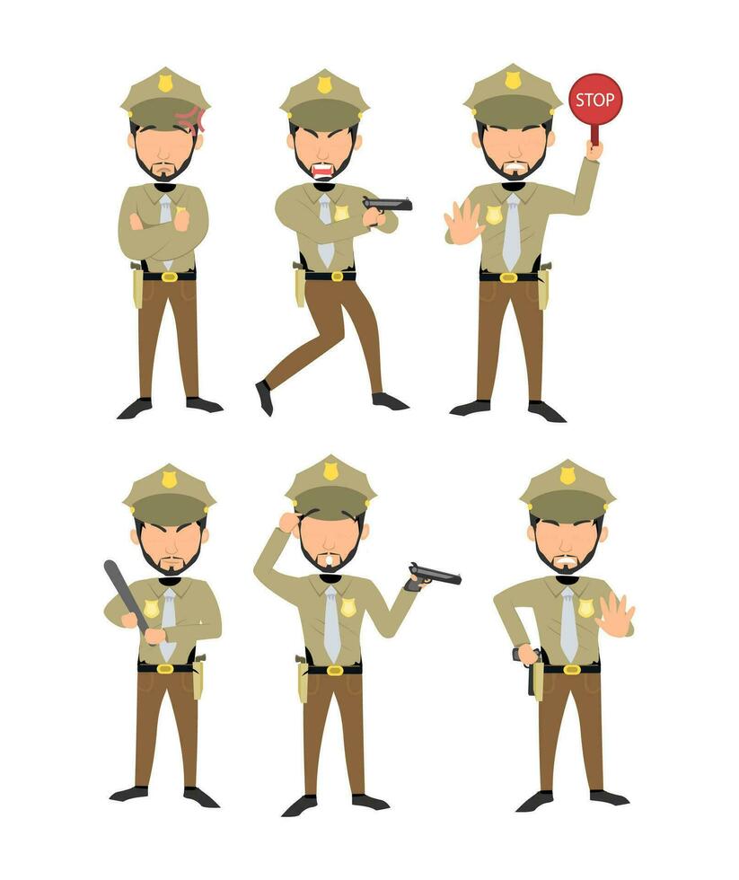 uma cativante Series do policial ilustrações dentro variado poses e uniformizado autoridade vetor