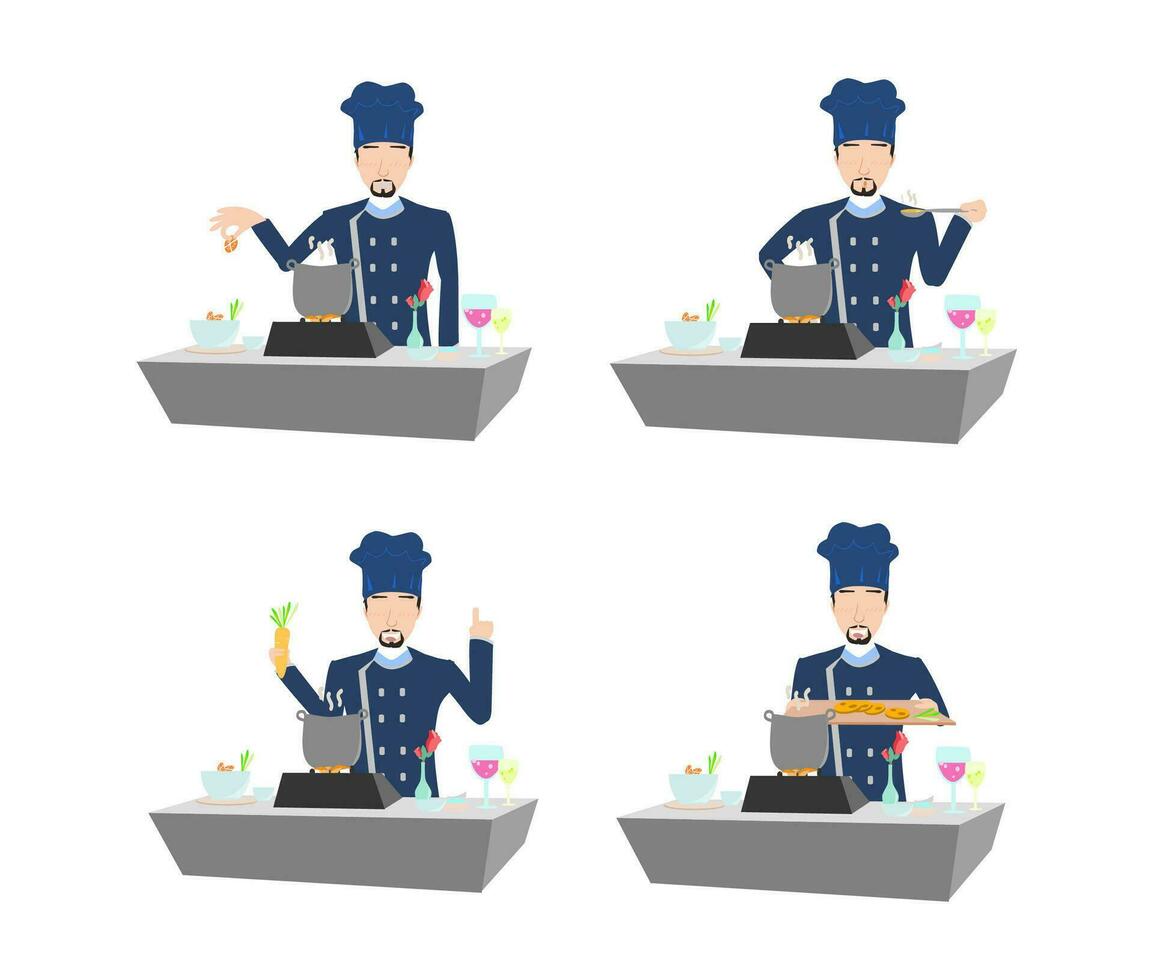 culinária comando - Sombrio azul uniformizado chefe de cozinha ilustrações exibindo autoridade e arte dentro vários poses vetor