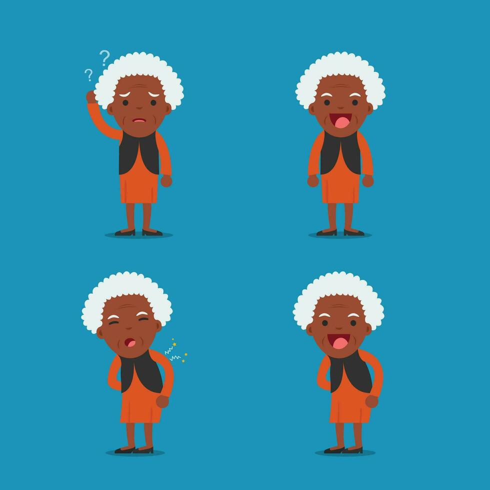 africano americano pessoas, velho senhora. Avó dentro 4 diferente poses. vetor isolado ilustração.