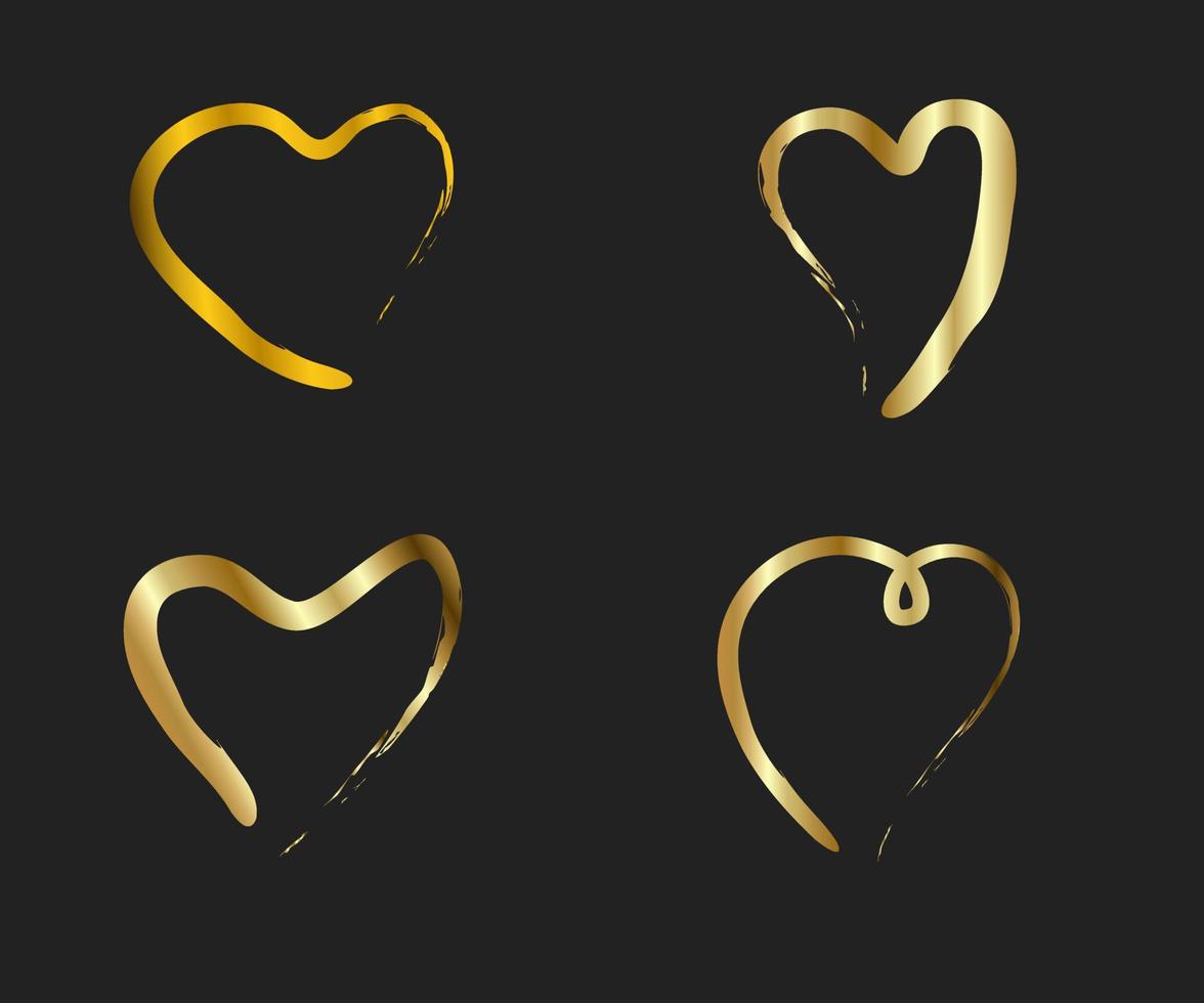corações de ouro. mão desenhada escovas de corações. pintados à mão em forma de coração. símbolo de amor, cartões de casamento de dia dos namorados. ilustração vetorial vetor
