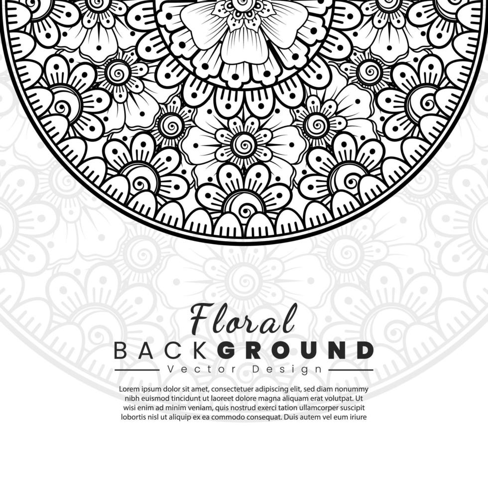 fundo com flores mehndi. linhas pretas sobre fundo branco. modelo de banner ou cartão vetor