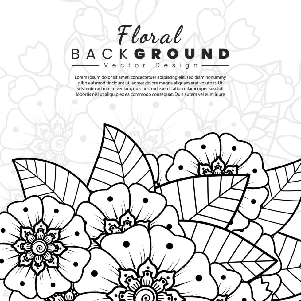 fundo com flores mehndi. linhas pretas sobre fundo branco. modelo de banner ou cartão vetor