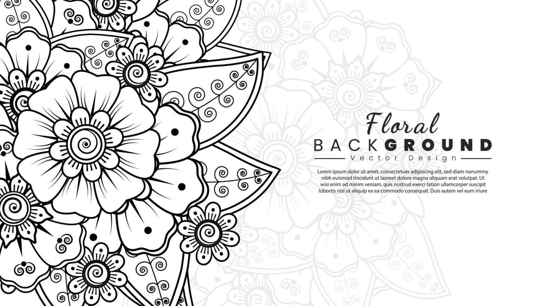 fundo com flores mehndi. linhas pretas sobre fundo branco. modelo de banner ou cartão vetor