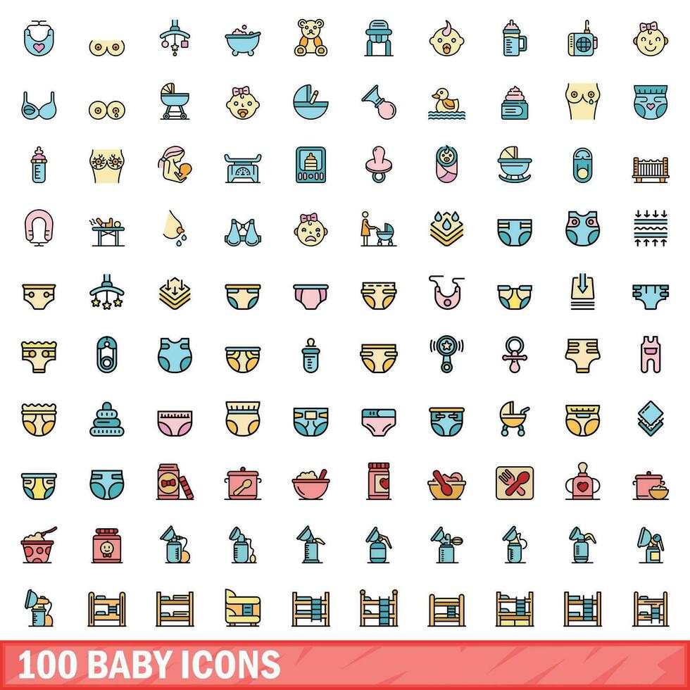 100 bebê ícones definir, cor linha estilo vetor