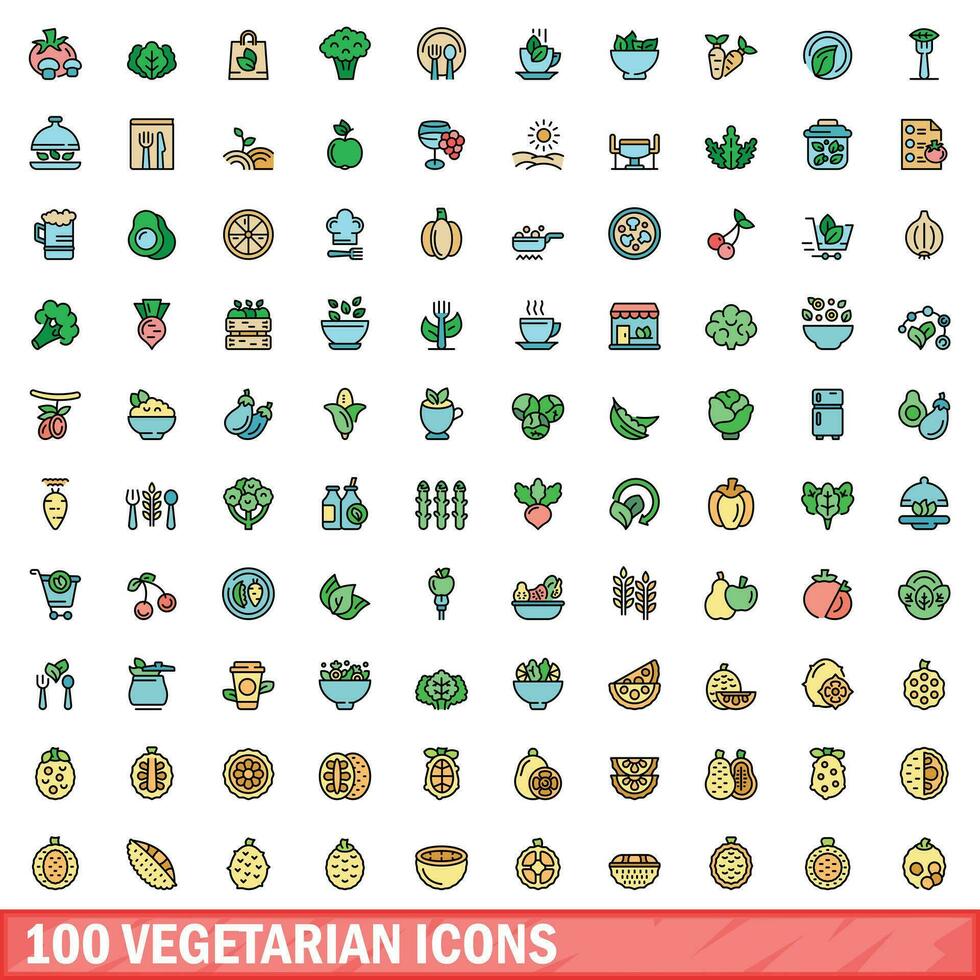 100 vegetariano ícones definir, cor linha estilo vetor
