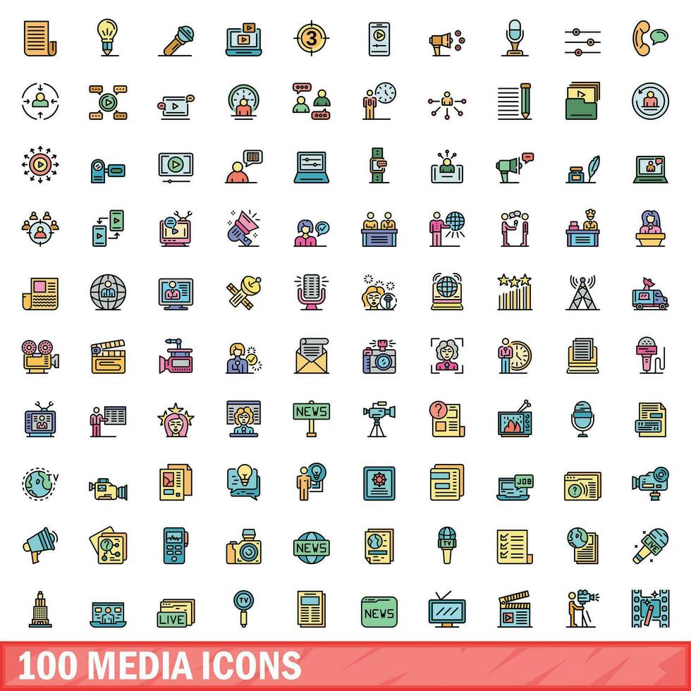 100 meios de comunicação ícones definir, cor linha estilo vetor