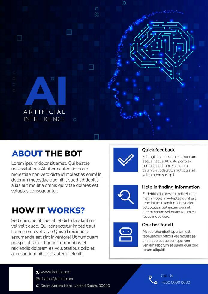 artificial inteligência poster dentro humanóide cabeça com digital cérebro. vetor ilustração