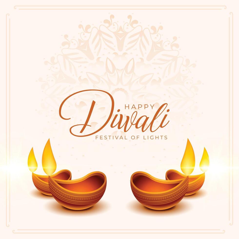 feliz diwali festival cumprimento com diya óleo lâmpadas decoração vetor