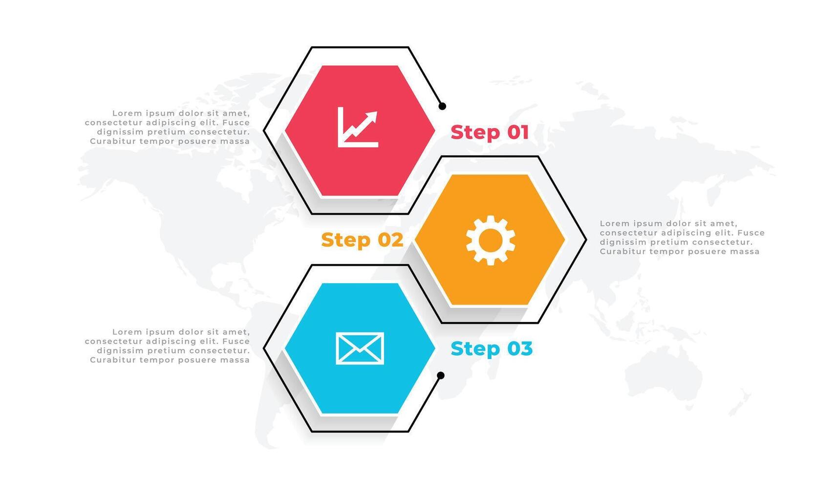 três passos hexagonal infográfico modelo Projeto vetor