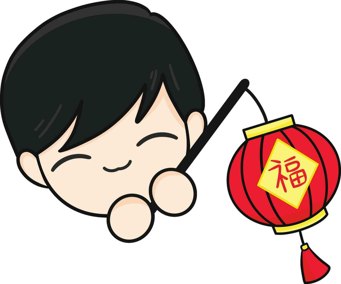chinês Novo ano, fofa mascote criança com Preto cabelo segurando vermelho lanterna e desenho animado ilustração. vetor